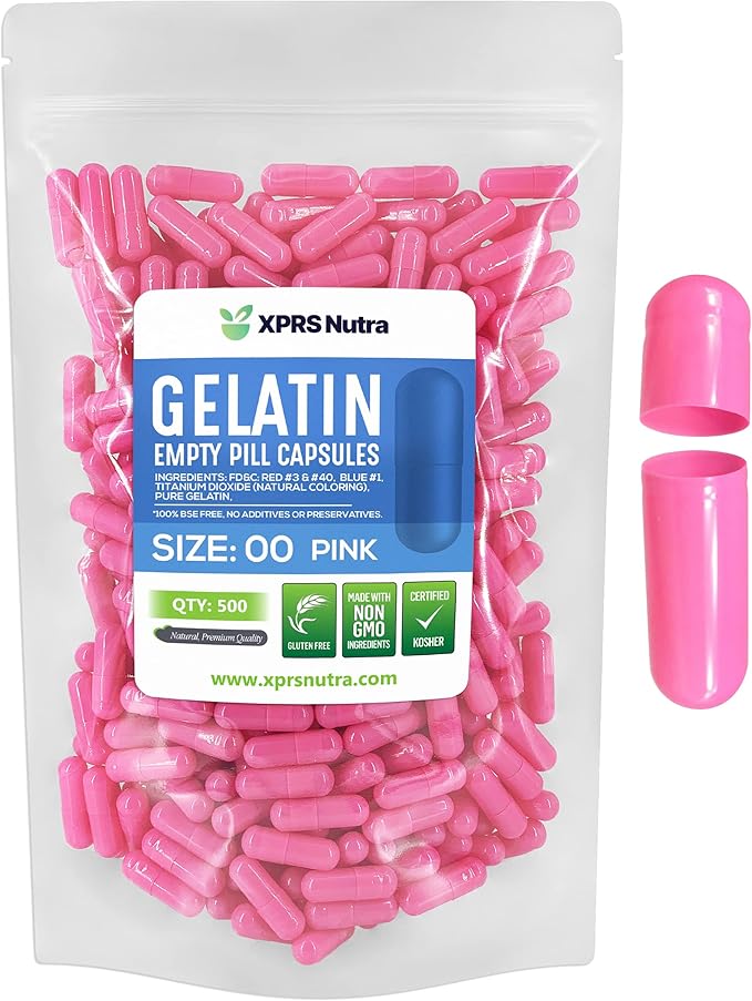 XPRS Nutra Size 00 Empty Capsules - 500 Count Empty Gelatin Capsules - Pills DIY Capsule Filling - Fillable Pill Gel Caps for Do-It-Yourself Supplements (Pink)