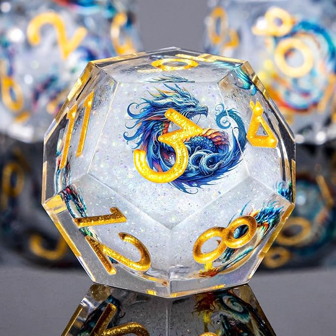 Dragon Pattern Liquid Core DND Dice Set, 7Pcs Sharp Edge D&D Dice with Gift Box, Resin White Dungeons Dragons D and D Role Playing Dice D20 D12 D10 D8 D6 D4