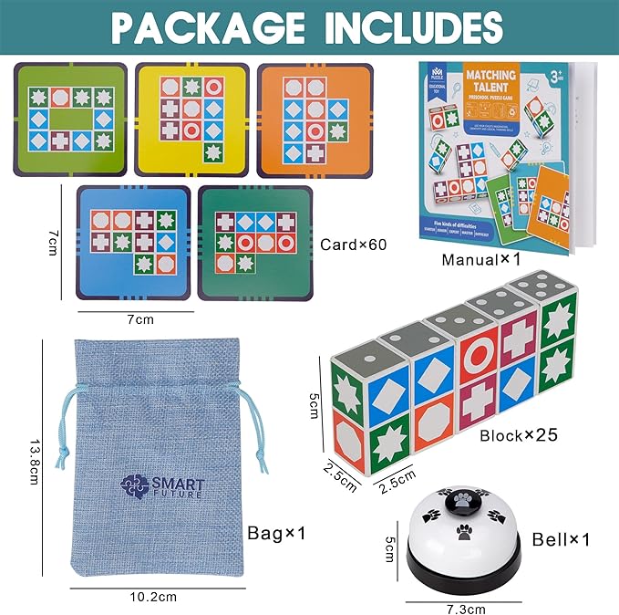 Funtactics Wooden Matching Game Puzzle 3.0 Games, Pattern Block Match Puzzles Building Cubes with Bell for Kids and Adults Toys Board Games for Family Night 5 Players