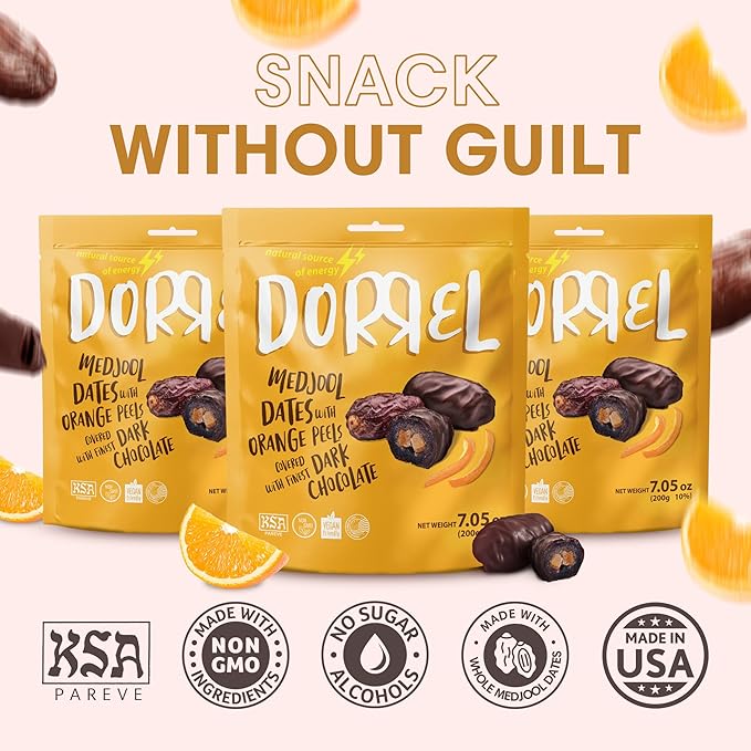 DORREL - Belgian Dark Chocolate Covered Dates (Medjool) with Candied Orange Peels Stuffing, High Energy Vegan Choco Snack, Tasty, Kosher & Non-GMO, Pack of 3 Stuffed Chocolate Dates 7.05 oz / 200 g Ea