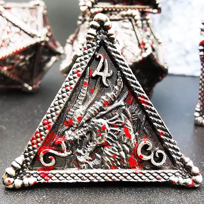 HAOMEJA Metal Dragon Dice Set DND 7 Set Dice Role Playing Dice D&D Dungeons and Dragons (Blood Silver)