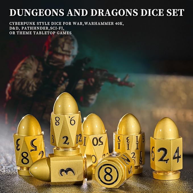 Bullet Dice Set,DND Dice for Dungeons and Dragons,Metal Dice Polyhedral D&D Dice for Warhammer 40K (Pearl Gold BlackNumber)
