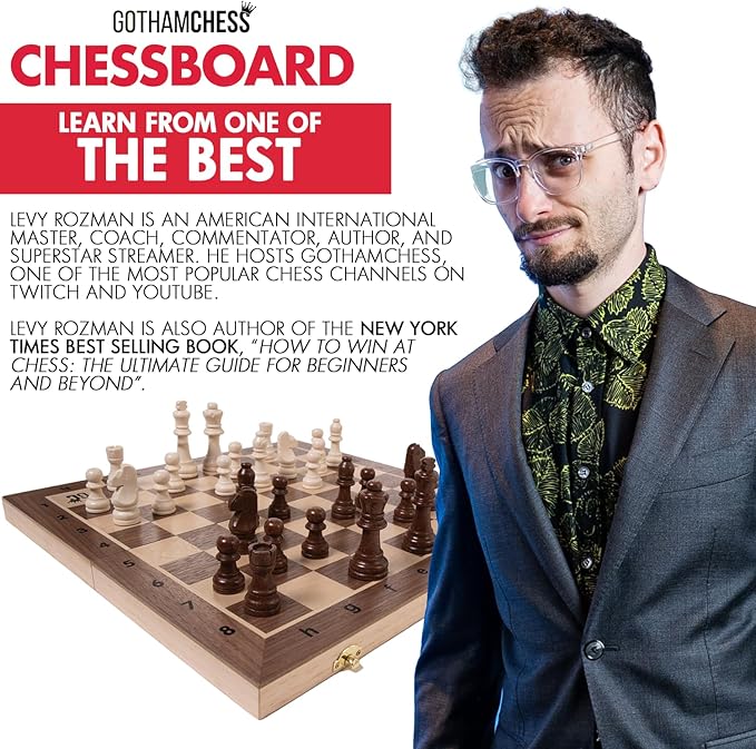 GothamChess Board- Foldable, Magnetic Pieces, Quality Wood, Fitted Storage, Includes Course by International Master Levy Rozman