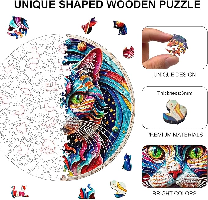 Wooden Puzzle for Adults – Unique Cat-Shaped Jigsaw, Animal Desgin Brain Teaser for Kids & Teens, 200 Pieces, 10"x10", Ships as Whole Puzzle Board (No Loose Pieces), Gift-Ready Box, Fun Family Game,
