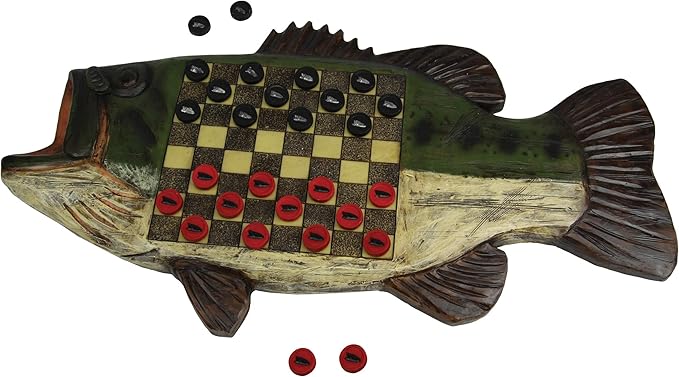 Rivers Edge Products Checkerboard Set for Cabin or Lodge, Rustic Checker Board Games for Adults, Tabletop 2 Players Game, Living Room Decor or Home Office Decor, Bass