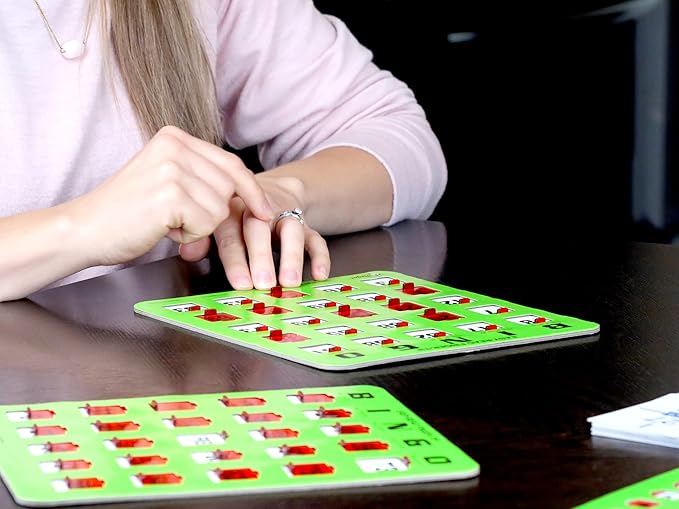 Regal Bingo 50 Bingo Cards with Sliding Windows, Bingo Calling Cards Deck & Master Board Bulk Kit - Reusable Large Print Bingo Game Set for Adults & Seniors Large Group - (Jumbo, Green)