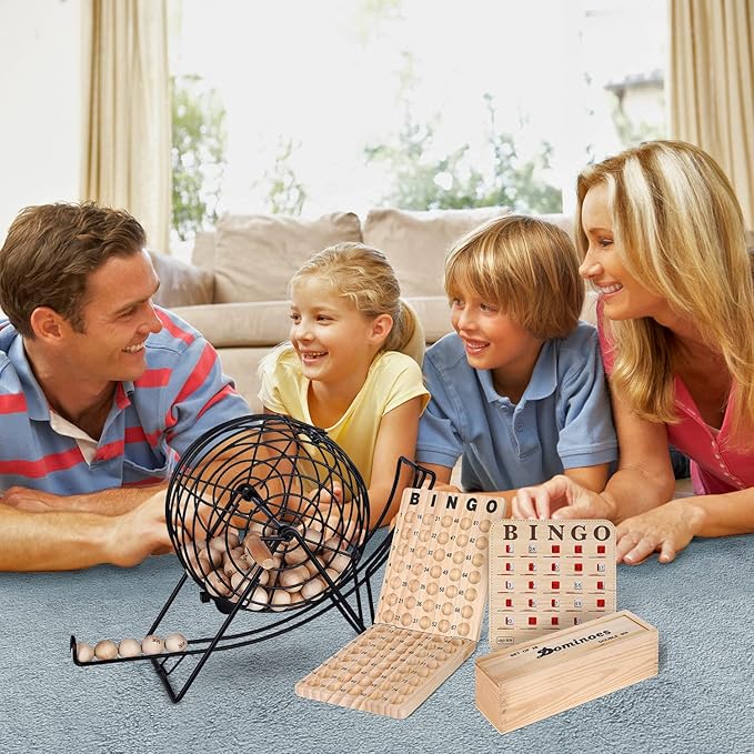 Professional Deluxe Bingo Game Set – Bundle with Dominoes Set – Bingo Balls with Cage – Cards - Storage Bag for Family Kids and Adults