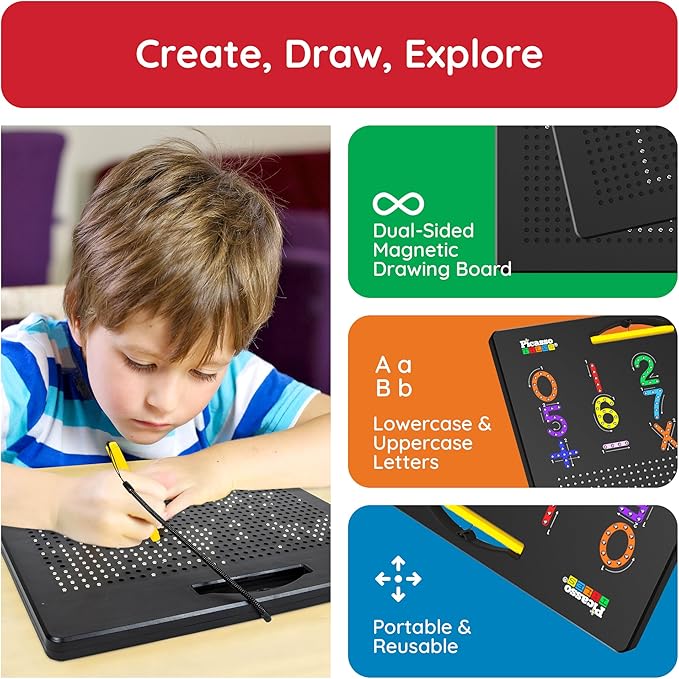 PicassoTiles 2-in-1 Magnetic Drawing Board Toy 12x10 inch Large Magnet Bead Tablet Pad with 2 Facings Alphabets STEM Educational Erasable & Reusable Learning Writing Playboard in Black PTB03