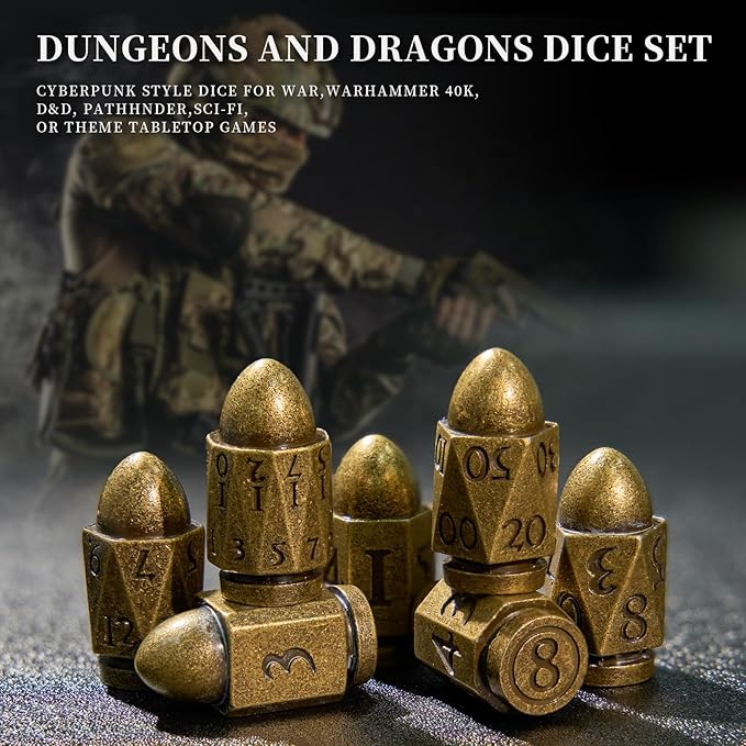 Bullet Dice Set - Metal Polyhedral Dice for Dungeons and Dragons, Warhammer, or Crime Theme Role Playing Games (Bronze)