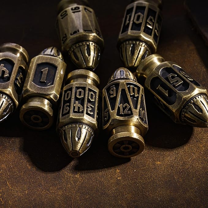 UDIXI Metal DND Bullet Dice Set, 7-Die Polyhedral Metal Dice Set with Unique Container for D&D, Role Playing Game or Other Tabletop Games（Ancient Bronze）