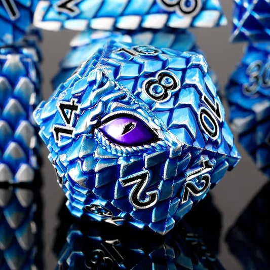 Metal Dice Set D&D,7 PCS Dragon Scale Metallic DND Dice Set,Dragon Eye Metal Dice with Grogeous Gift Case for Dungeons and Dragon Tabletop Game (Blue Dragon Scale & Purple Eye)