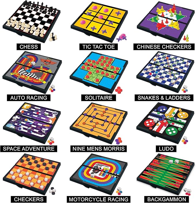 Gamie Magnetic Board Travel Games Set - Includes 12 Retro Fun Games - 5" Compact Design - Individually Boxed - Teaches Strategy & Focus, Great for Road Trip/Travel/Camping - Best Gift for Kids Ages 6+