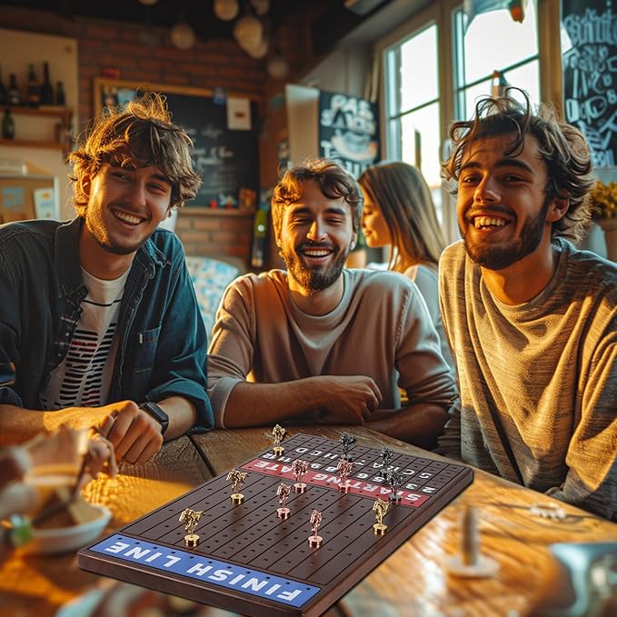 Large 21 inches Horse Racing Board Game Thickened Solid Wood with 11 Luxurious Durable Classic Metal Horses Including Dice and Cards Finish LINE Race Game Board (Large, Walnut)