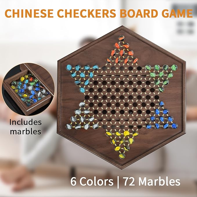 Chinese Checkers Set, 15 Inch Wooden Checkers Board Game with 60+12 Colorful Glass Marbles Fun Family Chinese Checkers Game for 2-6 Players