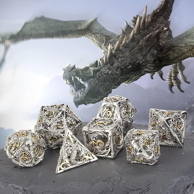 DND Dice,Hollow D&D Metal Dice,Dungeons and Dragons Dice Set with Gift Box,7 PCs Steampunk Polyhedral Dice Games Set for RPG,MTG,Pathfinder,(Dragon Silver Golden)