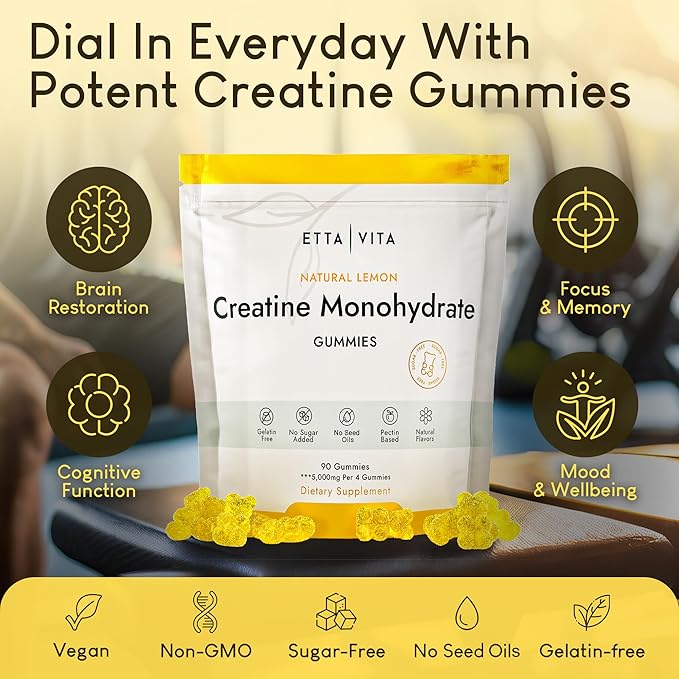 Sugar-Free Creatine Monohydrate Gummies 5gram per Serving, Potent Creatine Gummies for Men & Women, Supplement for Muscle Support, Cellular Energy & Cognitive Function, Gluten-Free