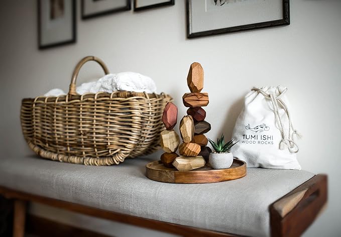 22 Piece Natural Wooden Balancing Block Set - Sensory Educational Natural Wood Toy Stacking Game - Mixed Wood Species - USA Made - Jojoba Oil and Beeswax Finish - Wood Stone Building Blocks