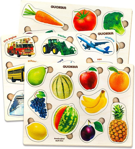 QUOKKA Wooden Puzzles for Toddlers 1-3 – 3xSET Kids Puzzles Ages 2-4 – Montessori Toy Puzzle for Toddlers 3-5 – Wood Toy Learning Realistic Fruits - Cars - Vegetables for Boy and Girl