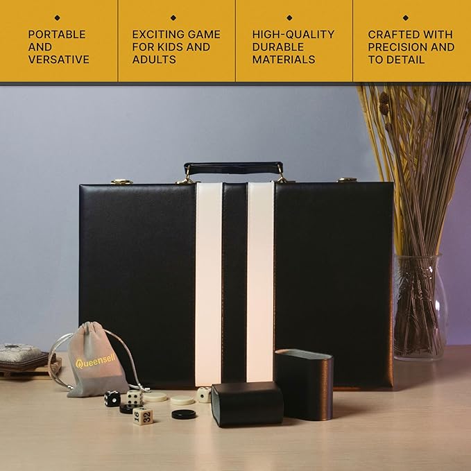 Backgammon Sets for Adults – 15-Inch Black PU Leather Board Game Set – Classic 2-Player Travel Backgammon Set with 32 Playing Pieces, Dice, and Cups