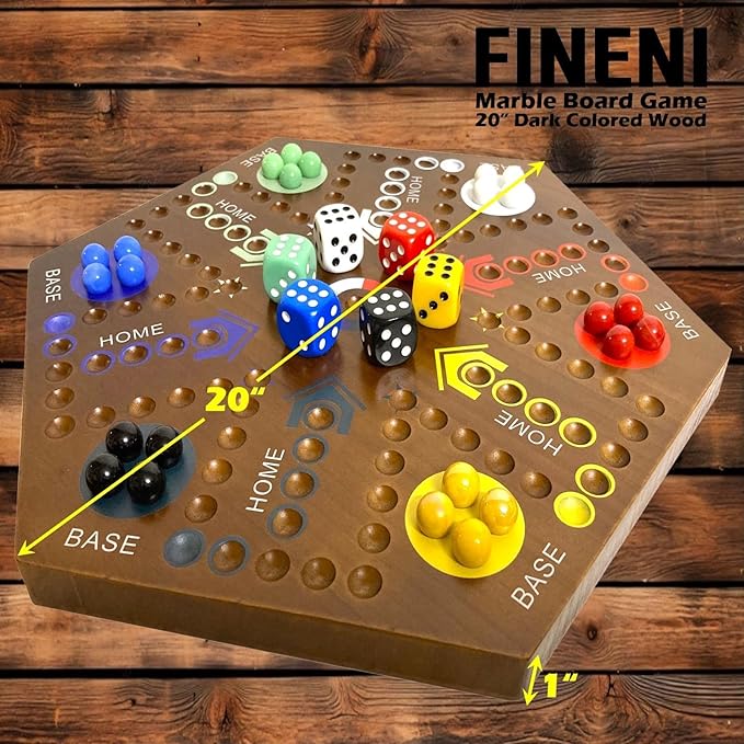 Wooden Board Games, Marble Board Game Original with Dual Sides Fast Track Board Game for 2 to 6 Players, Double Side Marble Game, 6 Colors 30 Marbles Set and 6 Color 6 Dice,Pouch (20" Dark)