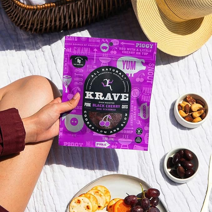 KRAVE All Natural Pork Jerky, Black Cherry BBQ - Protein Packed Snacks Roasted for Maximum Flavor - Premium Tender Meat Cuts - Gluten Free - 2.7 Ounce
