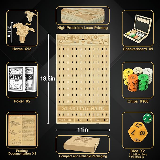 Foldable Horse Race Board Game, Family Dice Game with Solid Wood Board, 12 Horses, 2 Pokers, 100 Chips, Fair Horse Racing Game, Easy Storage, Parties, Family Nights, Gifts, GSM201