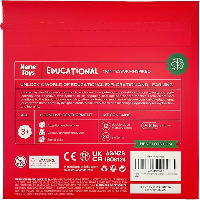 Nene Toys Educational Memory Extension Cards - 24 Extra Themed Patterns – Additional Matching Cards with Numbers, Letters, Animals, Body Parts [Nene Toys Exclusive Size]