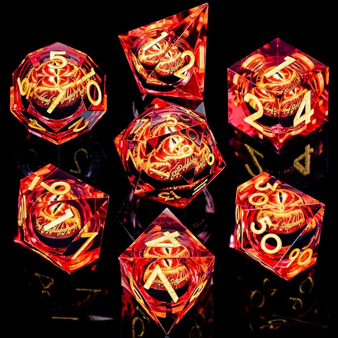 ARUOHHA DND Resin Dice Gazes Eye Dice Liquid Core Flaming RPG Sharp Edged Dice Set with Gift Box, Polyhedral D and D Dice Set Compatible with Dungeons Dragons Role Playing Game D20 D12 D10 D8 D6