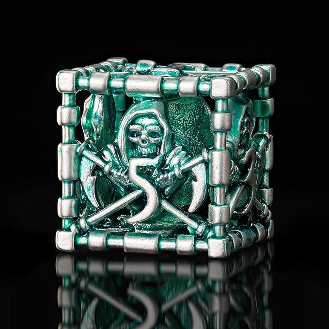 DND Hollow Polyhedral Dice Set, Metal Green White Grim Reaper of 7 Piece Role Playing Dice, for Dungeons and Dragon Dice or RPG MTG Table Game(Green and White)