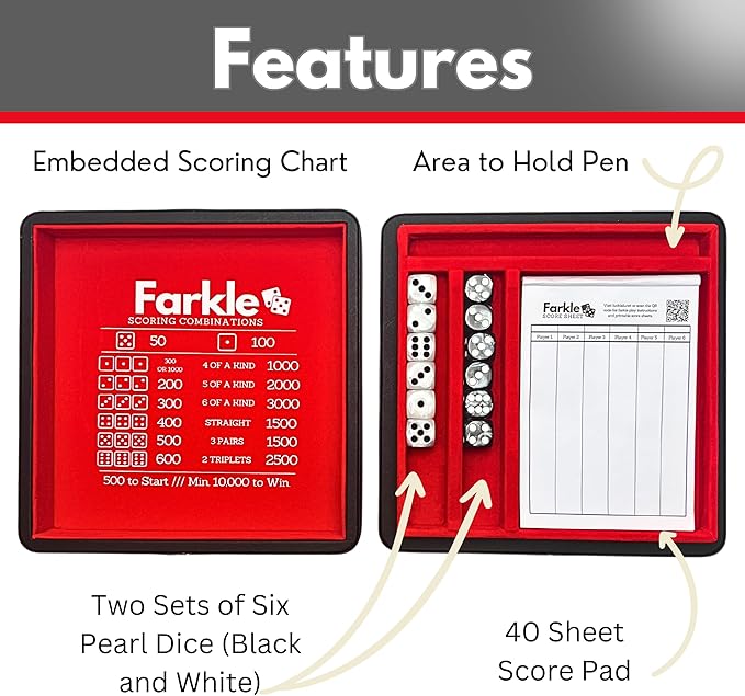 Luck Lab Farkle Dice Tray and Storage Case - Includes Embedded Scoring Combinations, 2 Sets of 6 Pearl Dice, 40 Sheet Score Pad and Pen Holder for The Classic Family Game (Red)