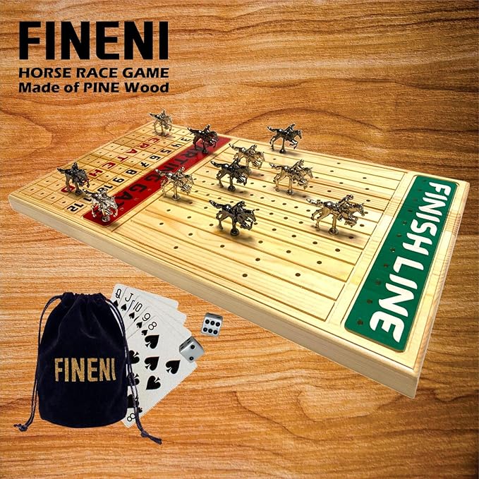 Horse Racing Game for Adults, Horse Race Board Game with 11 Luxurious Metal Horses (Silver, Black), 22” Pine Wood Horse Race Game Board, Dice & Card Included (Log Color2)