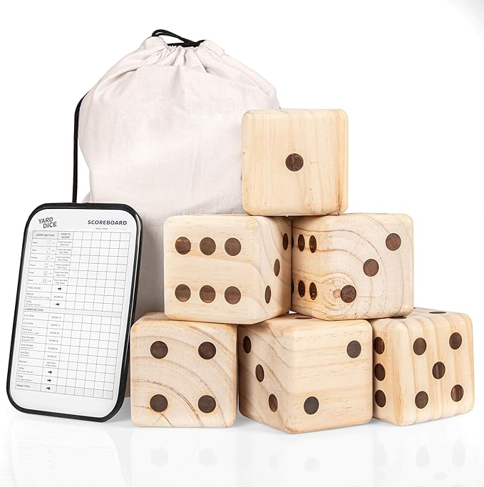 Barcaloo Yardzee Outdoor Family Games, Six 3.5" Giant Wooden Dice Games for Families