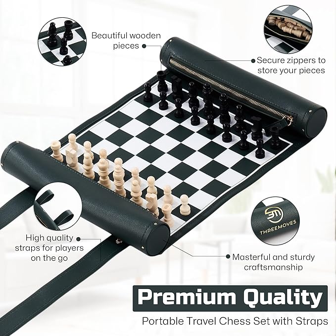 Roll Up Chess Set - 11" Foldable Leather Chess Mat with Wooden Chess Pieces - Portable Travel Chess Set with Straps - Perfect Chess Game for Airplane, Camping, and More (Green)
