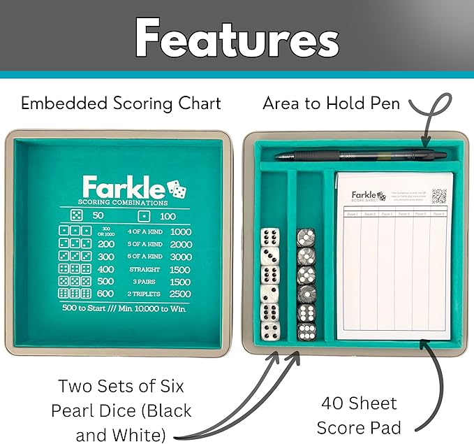 Luck Lab Farkle Dice Tray and Storage Case - Includes Embedded Scoring Combinations, 2 Sets of 6 Pearl Dice, 40 Sheet Score Pad and Pen Holder for The Classic Family Game (Grey and Turquoise)
