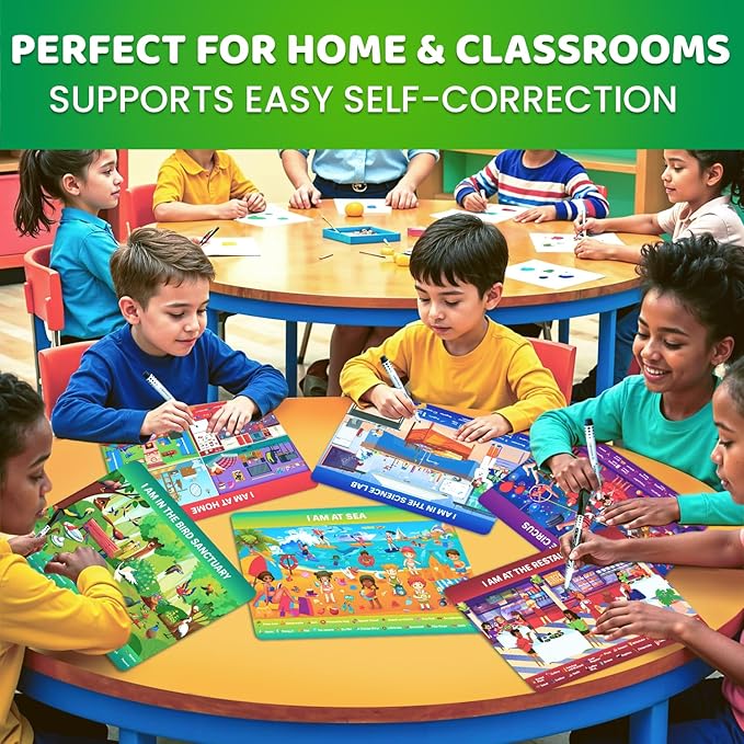 QUOKKA Busy Book Handwriting Practice for Kids - Search & Find - Activity Cards for Kids 3-8 – Reusable Mats with Dry-Erase Marker, Explore 20 Topics, Road Trip Activities, and Travel Games