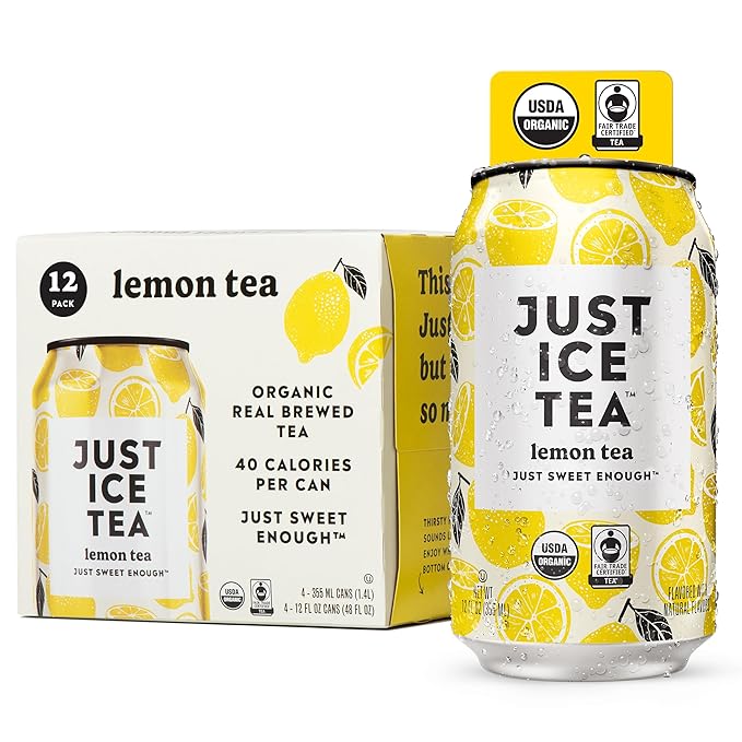 Just Ice Tea, Lemon Flavored Black Iced Tea, 12-Pack (12oz Cans), USDA Certified Organic, Real Brewed, Low Calorie, No Artificial Sweeteners, Fair Trade, Made in USA.