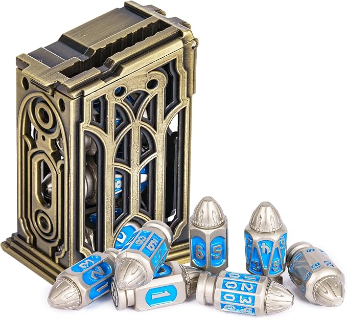 UDIXI Metal DND Bullet Dice Set with Unique Container, 7-Die Solid Metal Polyhedral Dice Set for D&D, Role Playing Game or Other Tabletop Games（Nickel Blue）