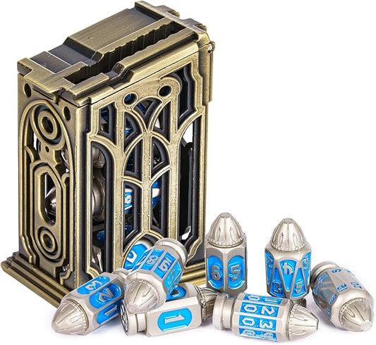UDIXI Metal DND Bullet Dice Set with Unique Container, 7-Die Solid Metal Polyhedral Dice Set for D&D, Role Playing Game or Other Tabletop Games（Nickel Blue）