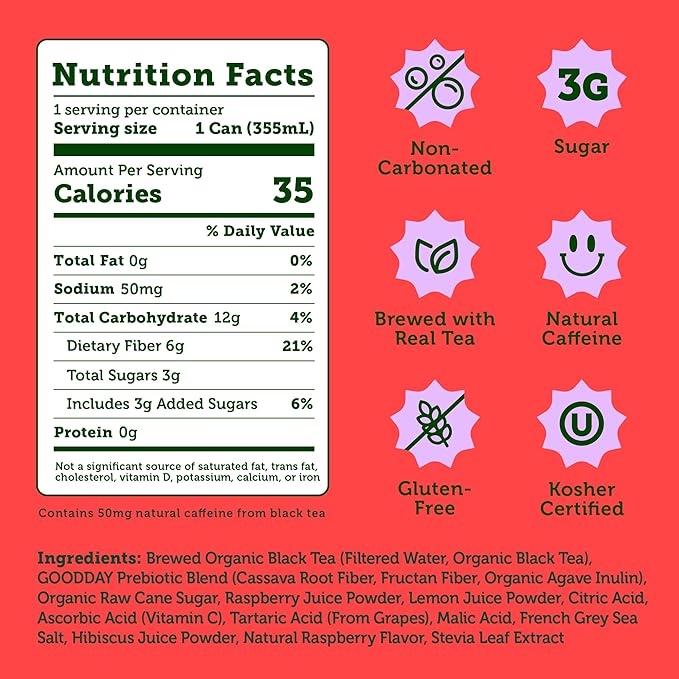 HALFDAY Prebiotic Raspberry Iced Tea Cans, Supports Digestive & Gut Health, 6g Plant Fiber & Prebiotics, Low Sugar, 35 Calories, Real Brewed Tea, Natural Caffeine, Gluten Free, 12 fl oz (12 pack) Packaging May Vary