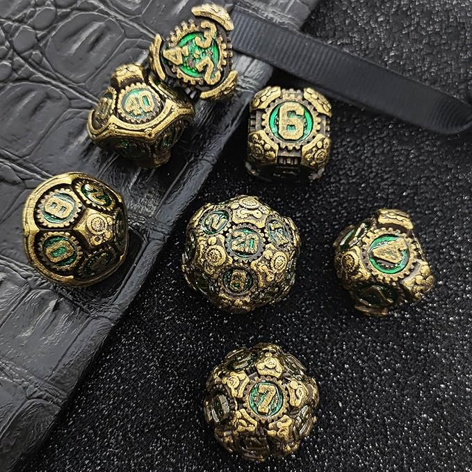 Geakeeper Construct D&D Dice, Metal DND Dice Set, 7Pcs Polyhedral Dragon Metallic D&D Dice with Gift Case for Dungeons and Dragon Game, RPG Role Playing Table Game Gifts (Rolling Green)