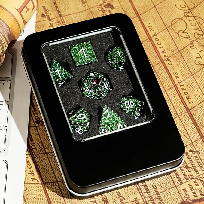 Metal Dice Set D&D,7 PCS Dragon Scale Metallic DND Dice Set,Dragon Eye Metal Dice with Grogeous Gift Case for Dungeons and Dragon Tabletop Game (Glitter Green Dragon Scale & Red Eye)
