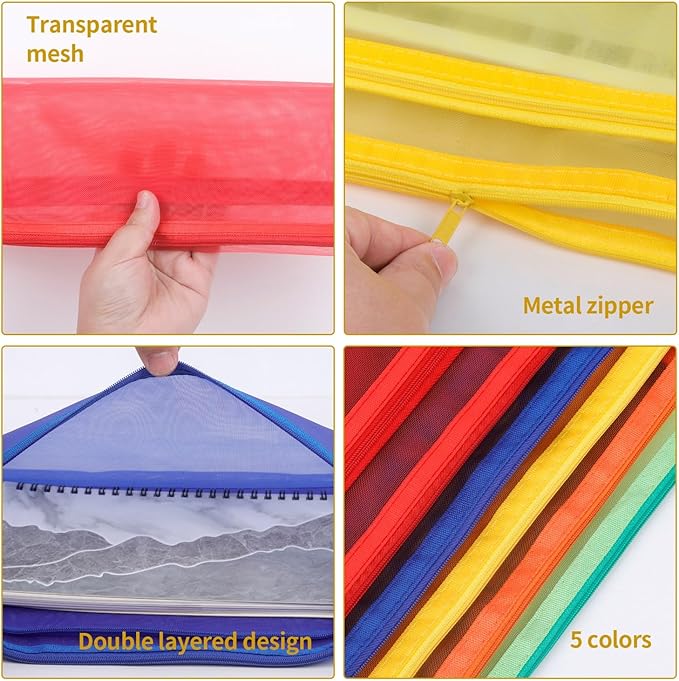 10 Pack 5 Color Mesh Zipper Pouch Bags, Nylon Puzzle Building Block Sets Toy Storage & Organization, Breathable See Through A4 Zipper Pouch with Handle for School Games