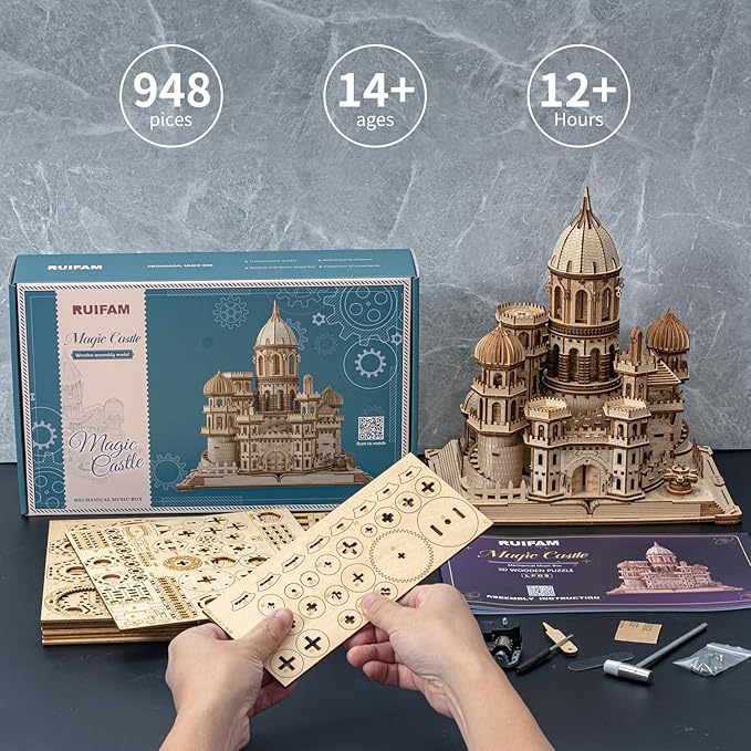 3D Wooden Puzzles DIY Mechanical Wooden Wide Model Kit 1000 Pcs 3D Puzzles for Adults Teens 14+Years Puzzle Enthusiasts Box Clockwork Enchanted Castle