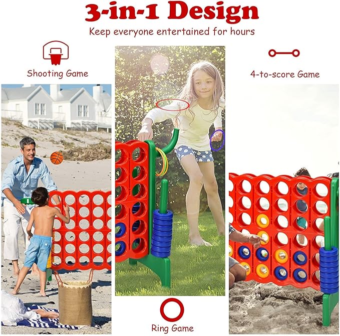 Giant 4 in a Row Connect Game, Jumbo 4 to Score Game Set w/ 42 Chess Rings, Basketball & Hoop, Toss Rings & Quick-Release Lever, Indoor & Outdoor Family Party Game for Kids & Adults