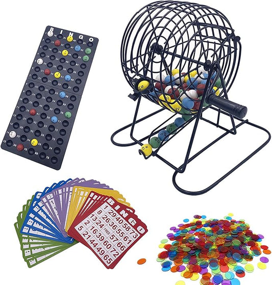 Deluxe Bingo Game Set-6 Inch Metal Cage, Master Board,75 Colored Balls, 50 Bingo Cards,500 6 Color Mix Chips and 2 Bags,Ideal for Large Groups