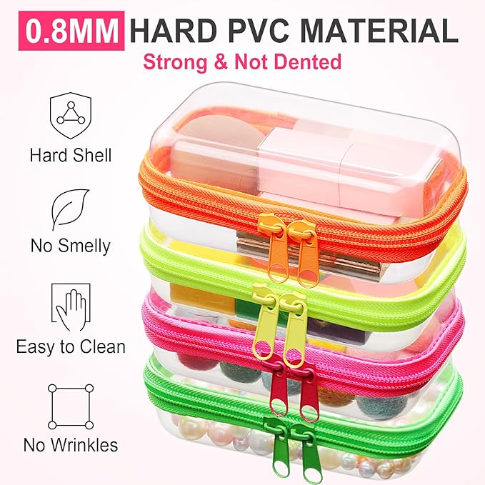 Hoolerry 4 Pcs Hard Clear Zipper Case Transparent Cases for Snacks Makeup Bag Plastic Storage Box Containers for Building Blocks, Puzzles, Cosmetics(Fluorescent,5 x 3 x 2 in)