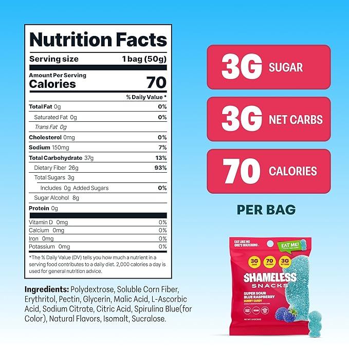 Shameless Snacks - Healthy Low Calorie Snacks, Low Carb Keto Gummies (Gluten Free Candy) - 6 Pack Sour Blue Raspberry