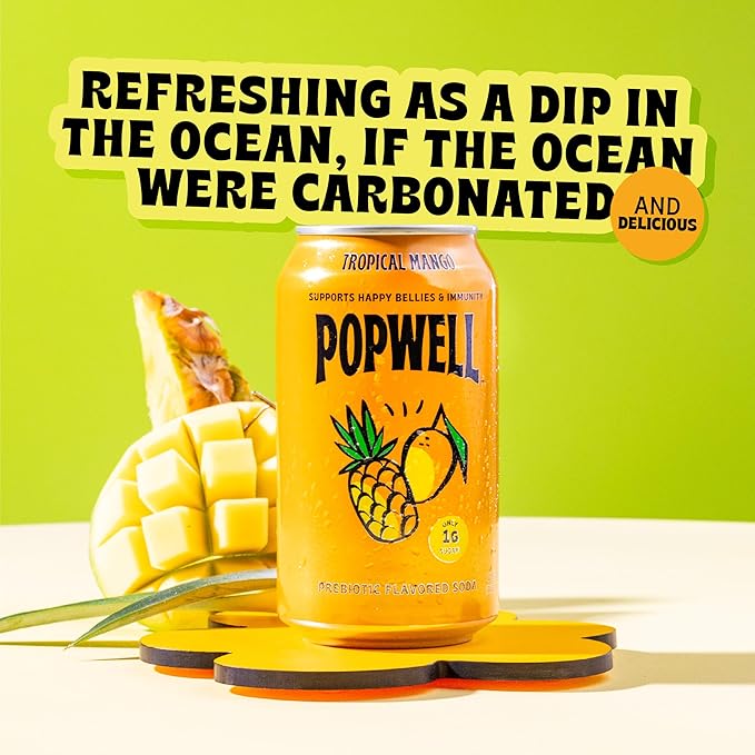 Popwell Tropical Mango Better-For-You Prebiotic Soda, with 6g Fiber, 1g Sugar, Vitamins and Immunity Support, 12 fl oz Cans (pack of 12)