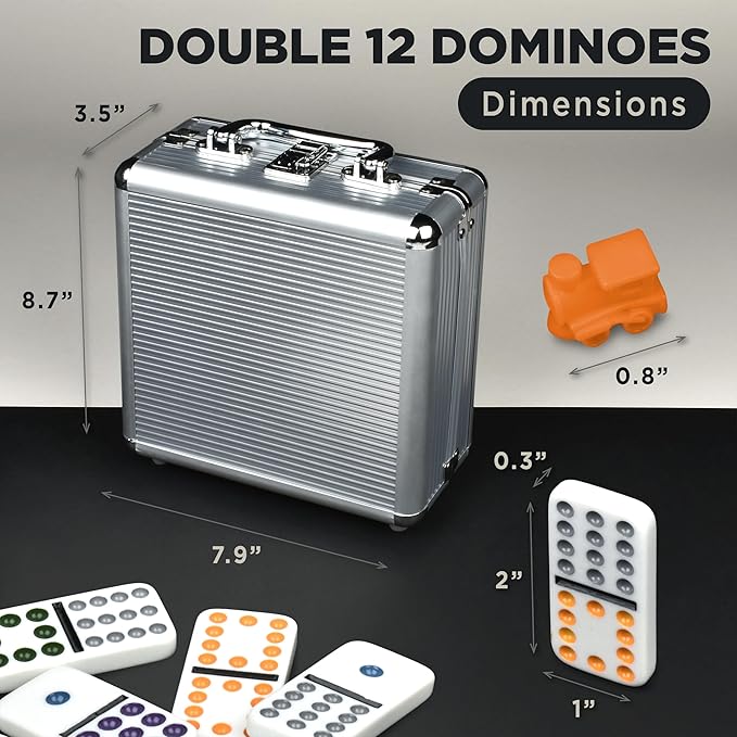 Queensell Mexican Train Dominoes Set with Wooden Hub, Domino Tile Board Games - Double 12 Dominos Set for Family Game Night for Adults and Kids Ages 8 and up (Double 12)