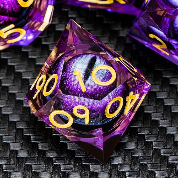 ARUOHHA DND Resin Dice Dragon Eye Dice Liquid Core Purple Sharp Edged Dice Set with Gift Box, Dungeons Polyhedral D and D Dice Set Compatible with D&D Role Playing Game D20 D12 D10 D8 D6